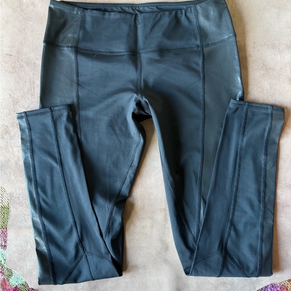 Zella Black Leggings with Faux Lether & Mesh Details NEW